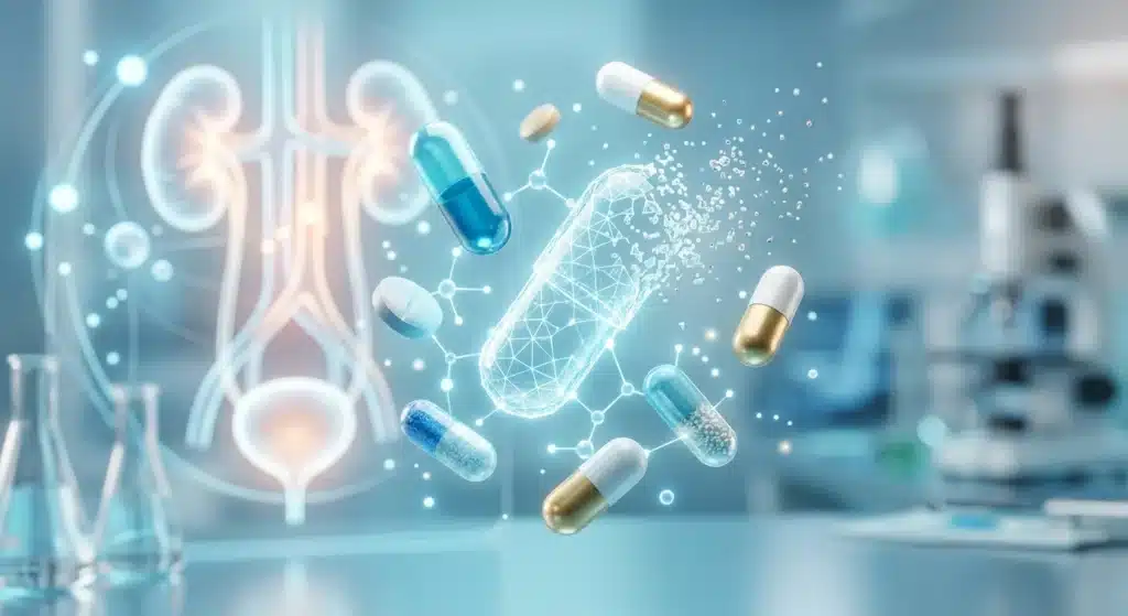 Render 3D fotorrealista de frascos de suplementos junto a símbolos de precaución, ilustrando los mitos comunes sobre productos urológicos que no funcionan. Información médica basada en evidencia dirigida a pacientes en Costa Rica para evitar engaños en tratamientos de próstata y salud sexual, priorizando siempre la consulta con un especialista.