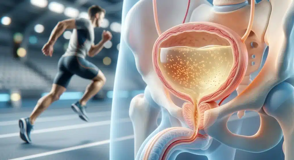 Hombre deportista descansando tras una sesión intensa de CrossFit o running. Guía urológica sobre la microhematuria inducida por el ejercicio, orientada a pacientes en Costa Rica. Explicación médica de cuándo la presencia microscópica de sangre en la orina deja de ser normal por el esfuerzo físico y se convierte en una señal de alarma que requiere evaluación por un urólogo