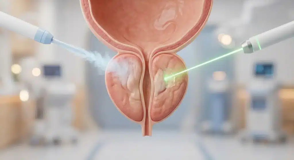 Render 3D médico fotorrealista que ilustra las opciones quirúrgicas de mínima invasión para el tratamiento de la próstata agrandada. Guía urológica en Costa Rica sobre intervenciones avanzadas, como láser urológico, para pacientes que ya no responden al tratamiento con pastillas.
