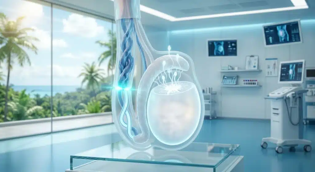 Render médico 3D fotorrealista que ilustra la anatomía vascular testicular y el varicocele. Guía clínica en Costa Rica que explica cuándo está indicada la varicocelectomía en pacientes sin dolor pero con deseos de paternidad o alteraciones en el espermograma.