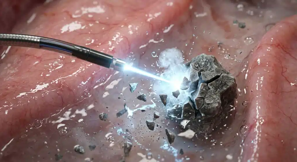 Render médico 3D fotorrealista que muestra la fragmentación y pulverización de un cálculo renal mediante fibra de láser urológico de alta precisión. Guía sobre el procedimiento de cirugía láser de piedras en el riñón en Costa Rica, destacando sus ventajas de mínima invasión y rápida recuperación postoperatoria.